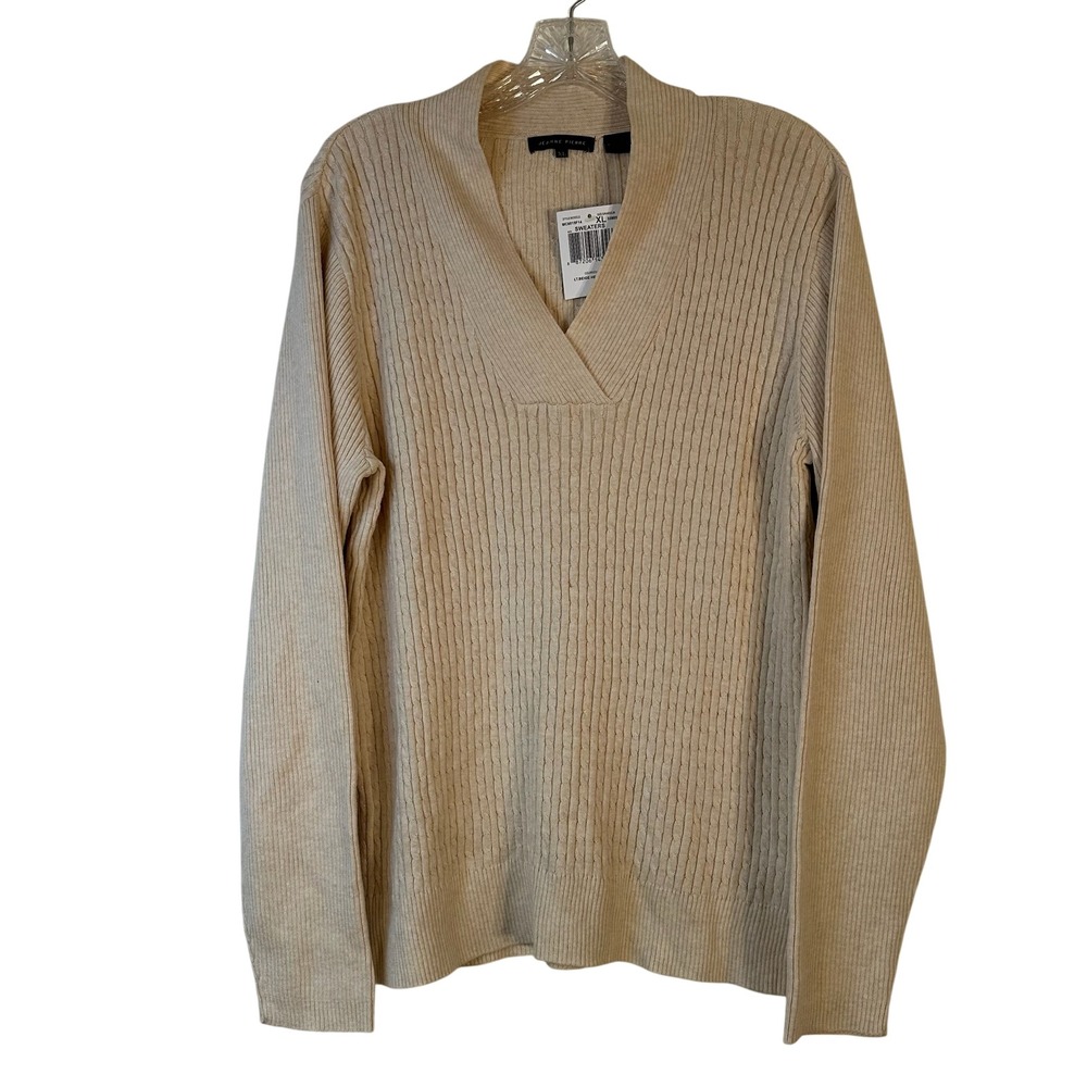 Jeanne Pierre Womens Beige Cable Knit Split Neck Cotton Sweater XL MC6015F14 NWT